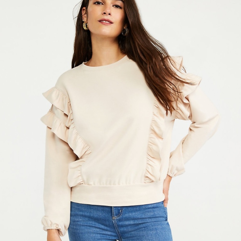 Ann Taylor Ruffle Sweatshirt - Pearl Sand
